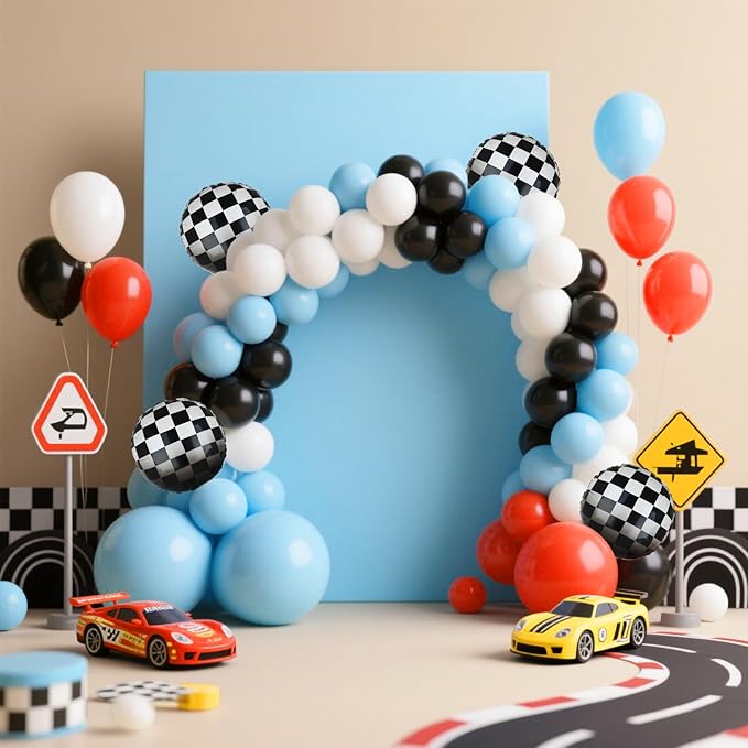 Race Car Balloon Bundle 20 Pcs Checkered Balloons Latex Balloon Blue Red Black Boy One Happy 1st 2nd Vintage Fast One Two Fast Theme Race Car Birthday Party Decor Supplies Kit
