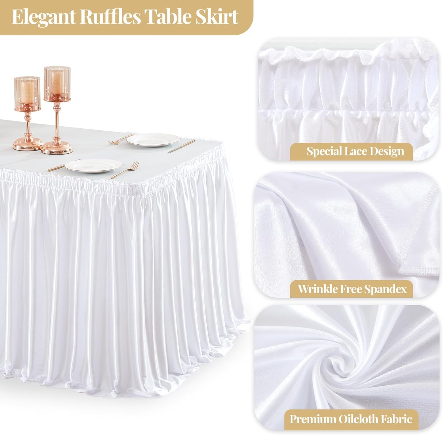 Wish Care 6ft White Satin Table Skirt for Rectangle Tables Wrinkle Free Glitter Desk Skirts Pleated Ruffle Table Cloth for Wedding Birthday Baby Shower Party Banquet Cake Teacher Table Decorations