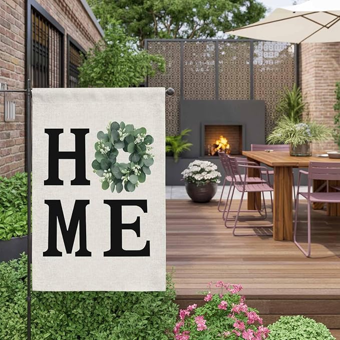 Garden Flag Home Green Eucalyptus Leaves Garland,Welcome House Flags for Outdoor Yard Porch, Retro Linen Double Sided Holiday Banner for Party Home Decor