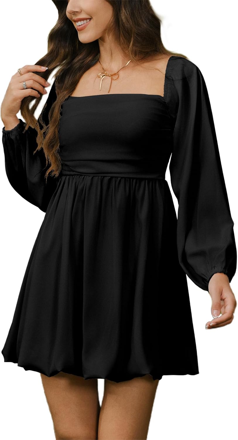 HYPERFIRE Women's Square Neck Pleated Long Sleeve Mini Dress Smocked A Lind Bubble Wedding Dresses