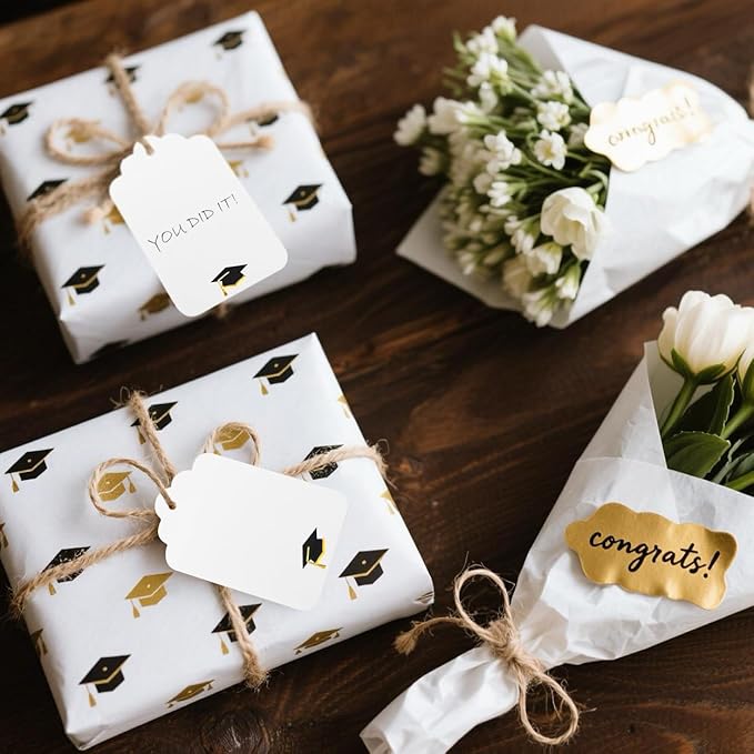 ASYEHJNR 100Pcs Blank Gift Tags with String Foil Black Gold Grad Cap Large Paper Gift Tags with 65 Ft Jute Twine for Congratulations Graduation Congrats Grad Class of 2025 Party
