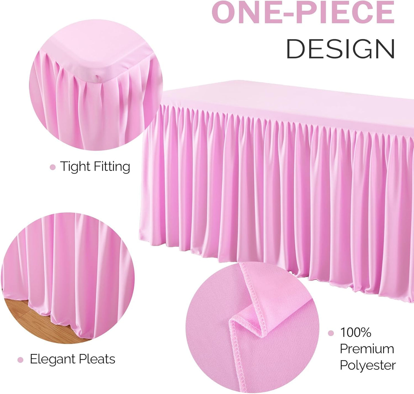 Pink Polyester Table Skirt for Rectangle Tables 6ft, Wrinkle Free Pleated Ruffle Fitted Table Cover 6ft Stretch Tablecloths with Skirt for Parties Weddings Birthday Banquet Baby Shower