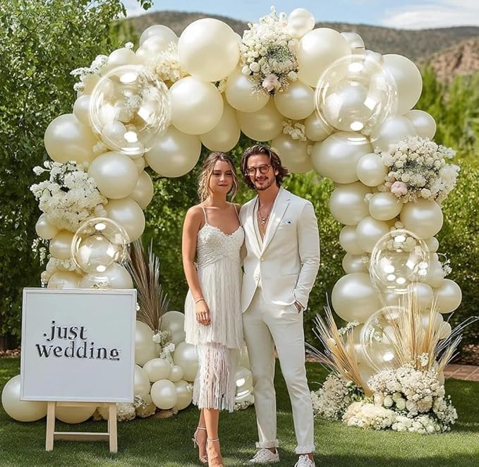 Pearl Ivory White Balloon Arch Double Stuffed Pastel White Ivory Cream Beige Balloon Garland Kit Different Sizes 12/10/5in With Clear Bobo Balloons for Birthday Wedding Bridal Baby Shower Party Decor