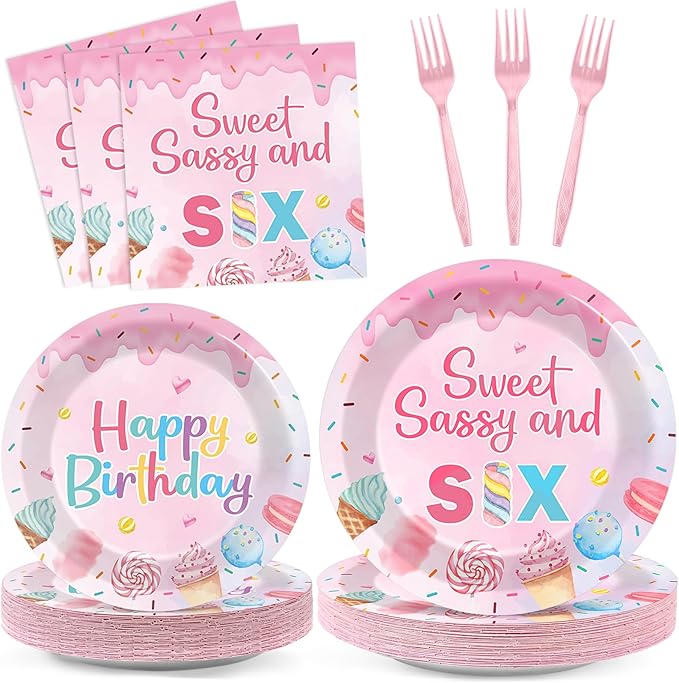 96 PCS Donut Party Tableware 6th Birthday Plates and Napkins Decorations Disposable Donuts Happy Birthday Party Tableware Supplies Sweet Sassy 6th Plates Napkins Decor for Kids Gatherings Decorations