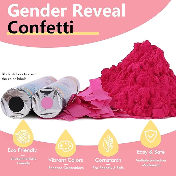 Previvo Gender Reveal Confetti Powder Cannon - 6 Pack Pink Baby Gender Reveal Poppers - 100% Biodegradable Powder Smoke - Baby Party Supplies
