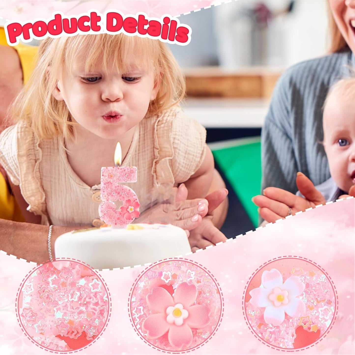 Cherry Blossom Pink Number 1 Birthday Candle, 2.8in Cute Shiny 1st Happy Birthday Candle with Tray & Stick Girls One Candle for First Birthday Ideal Birthday Parties Cake Decoration & Gifts
