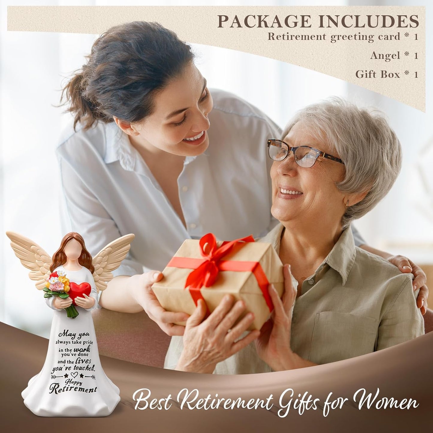 Retirement Gift for Woman, 7.1" Angel Figurine with Happy Retirement Card Home Decor Retired Gifts for Coworker Nurse Teacher Doctor Friend Farewell Going Away Retirement Party Decorations
