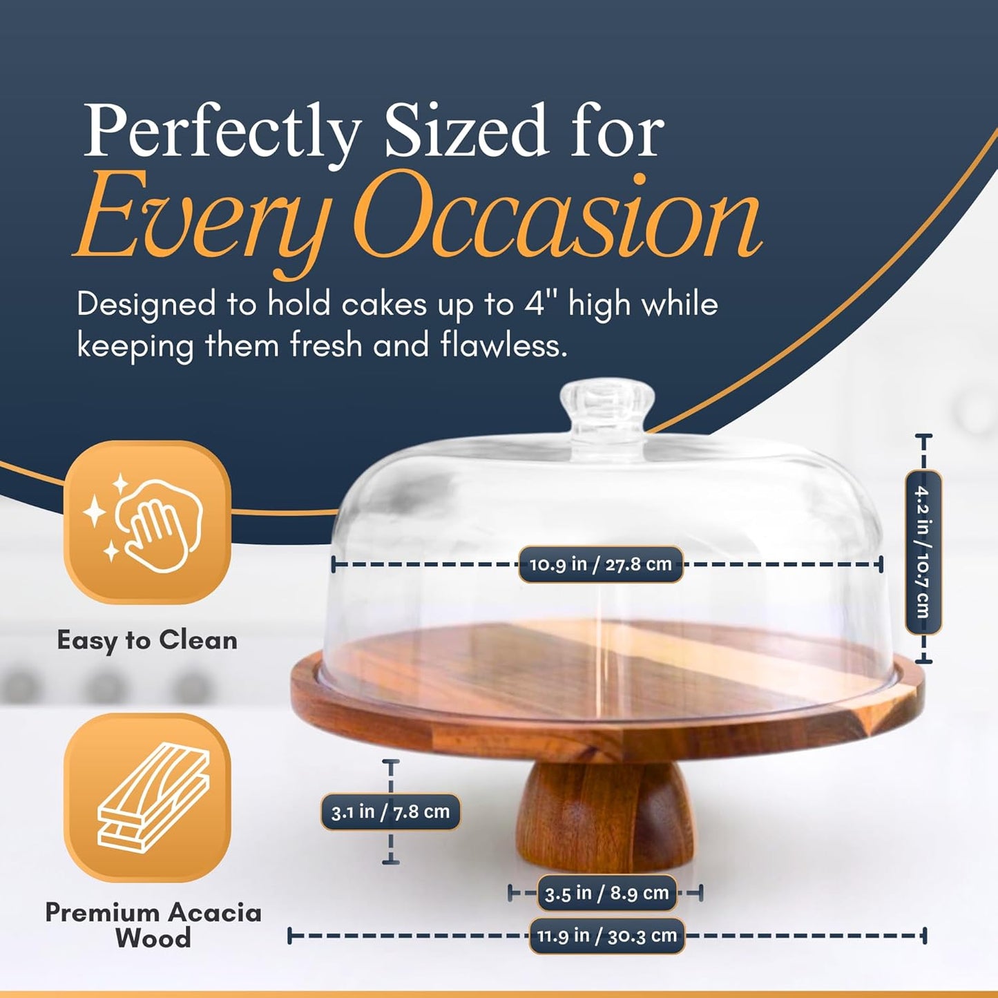 Linda's Essentials Acacia Wood Cake Stand with Lid - 12 Inch Round Cake Holder Stand with 5 Bonus Cake Sheets, 2-in-1 Wooden Cake Stand with Dome & Charcuterie Board for Cheese, Cake Plate with Lid