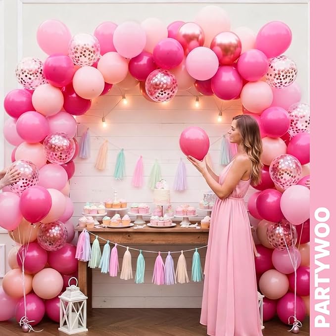 PartyWoo Pink Balloons 65pcs 12 Inch Pearl Metallic Mauve Magenta Fuchsia Hot Pink Confetti Latex Balloons for Gender Reveal Bridal Shower Baby Shower Princess Theme Birthday Party Decorations