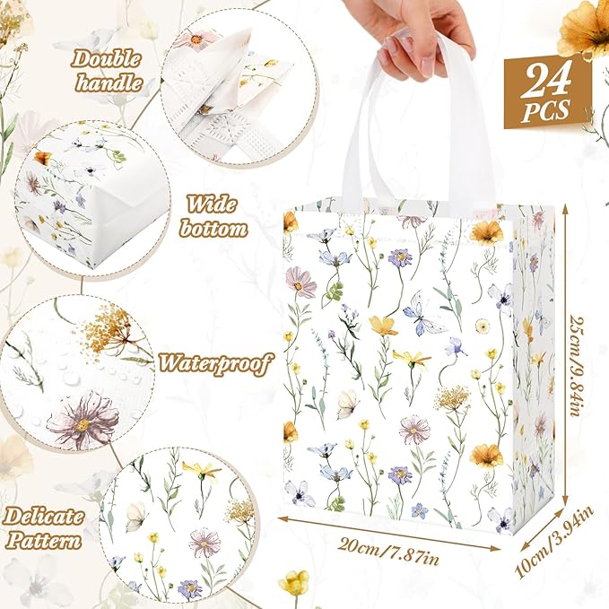 Supervitae 24 Pack Wildflower Butterfly Gift Bags Medium Floral Party Favor Bags Reusable Totes Non Woven Goodie Totes for Spring Summer Wedding Birthday Baby Shower Family Travel(9.8" x 7.9" x 3.9")