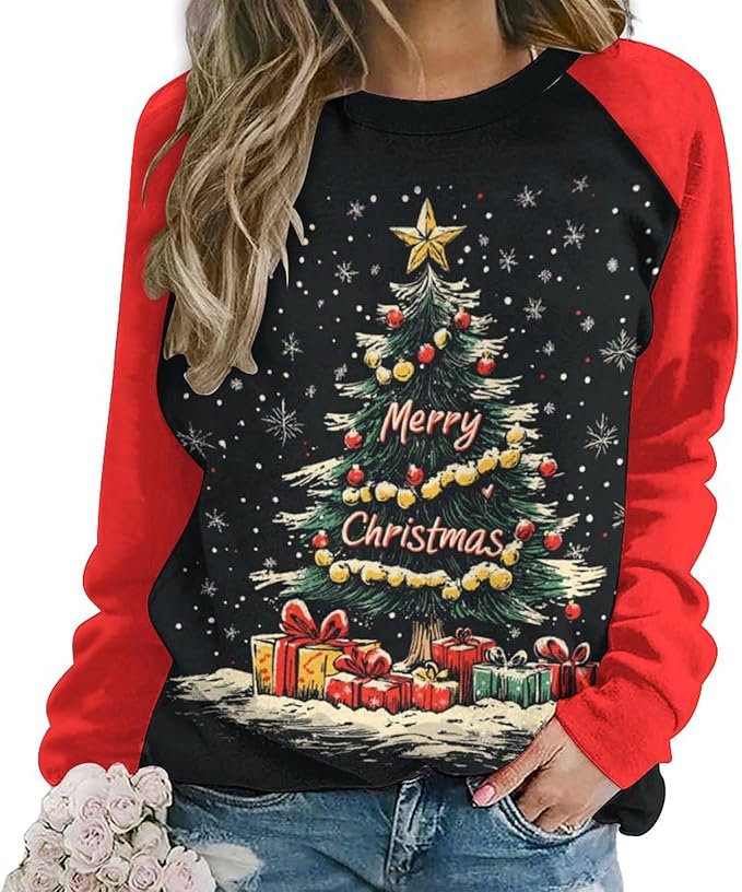 LOAIHA Christmas Sweatshirts for Women Christmas Tree Graphic Shirt Xmas Long Sleeve Merry Christmas Pullover Blouse