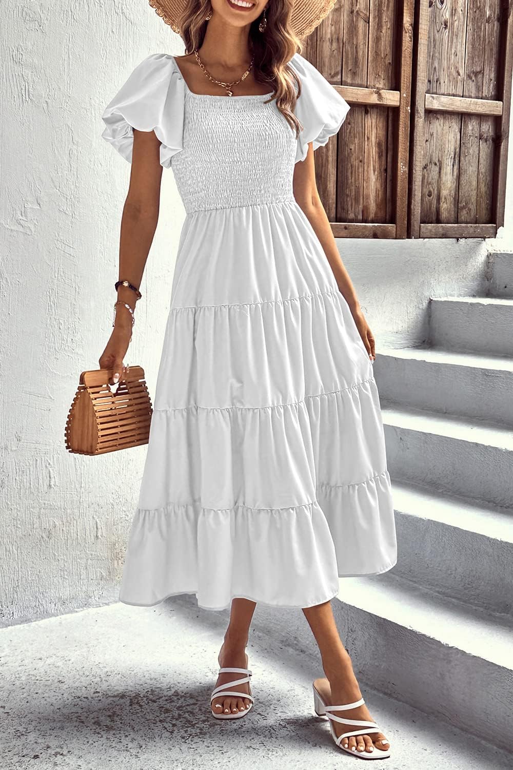 PRETTYGARDEN Women's Casual Summer Midi Dress Puffy Short Sleeve Square Neck Smocked Tiered Ruffle Dresses