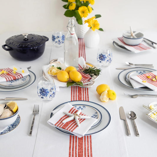 Solino Home Linen Table Runner 132 Inches Long - 100% Pure Linen Red and White Farmhouse Table Runner 14 x 132 Inch for Dining