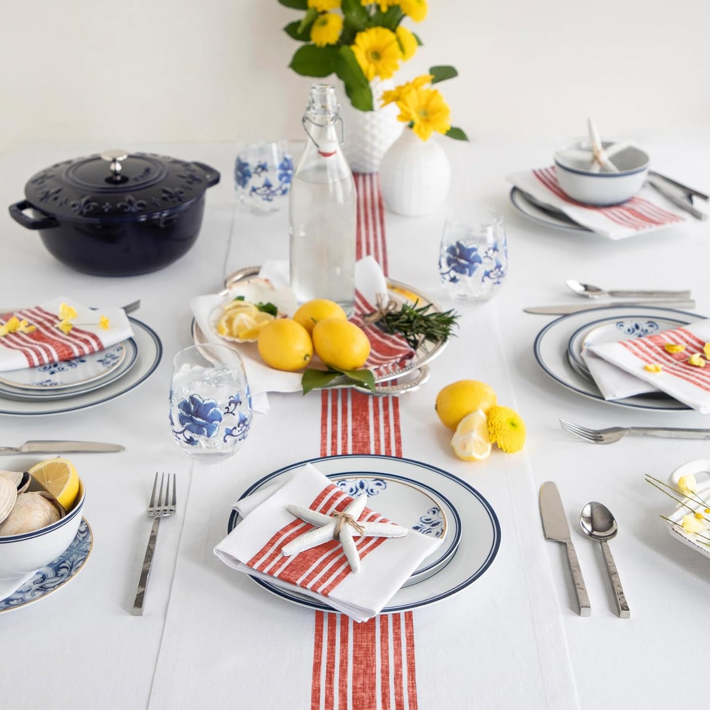 Solino Home Linen Table Runner 144 Inches Long - 100% Pure Linen Red and White Farmhouse Table Runner 14 x 144 Inch for Dining