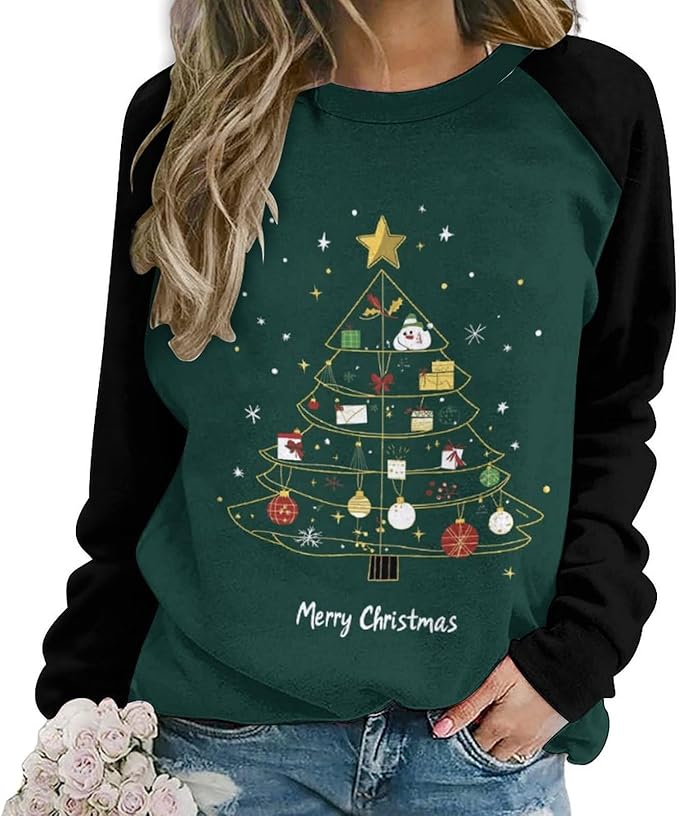 LOAIHA Christmas Sweatshirts for Women Christmas Tree Graphic Shirt Xmas Long Sleeve Merry Christmas Pullover Blouse