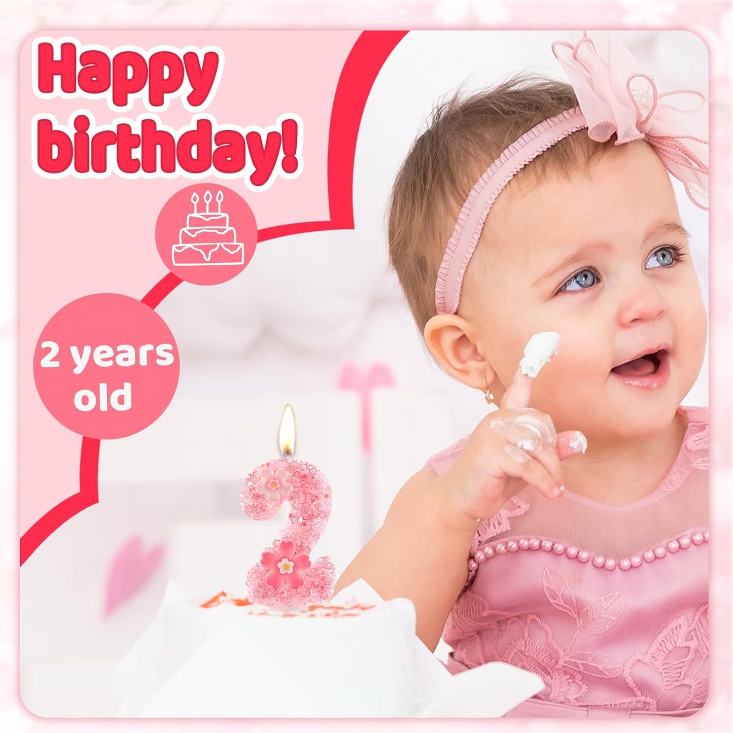 Cherry Blossom Pink Number 2 Birthday Candle, 2.8in Cute Shiny 2nd Happy Birthday Candle with Tray & Stick Girls Two Candle for 2 Birthday Ideal Birthday Parties Cake Decoration & Gifts