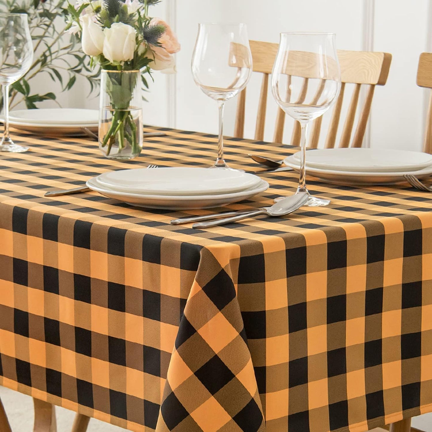 maxmill Square Checkered Tablecloth Water Resistance Antiwrinkle Spillproof Heavy Weight Gingham Table Cloth Buffalo Plaid for Buffet Banquet Parties Holiday Dinner 70 x 70 Inch, Black and Orange