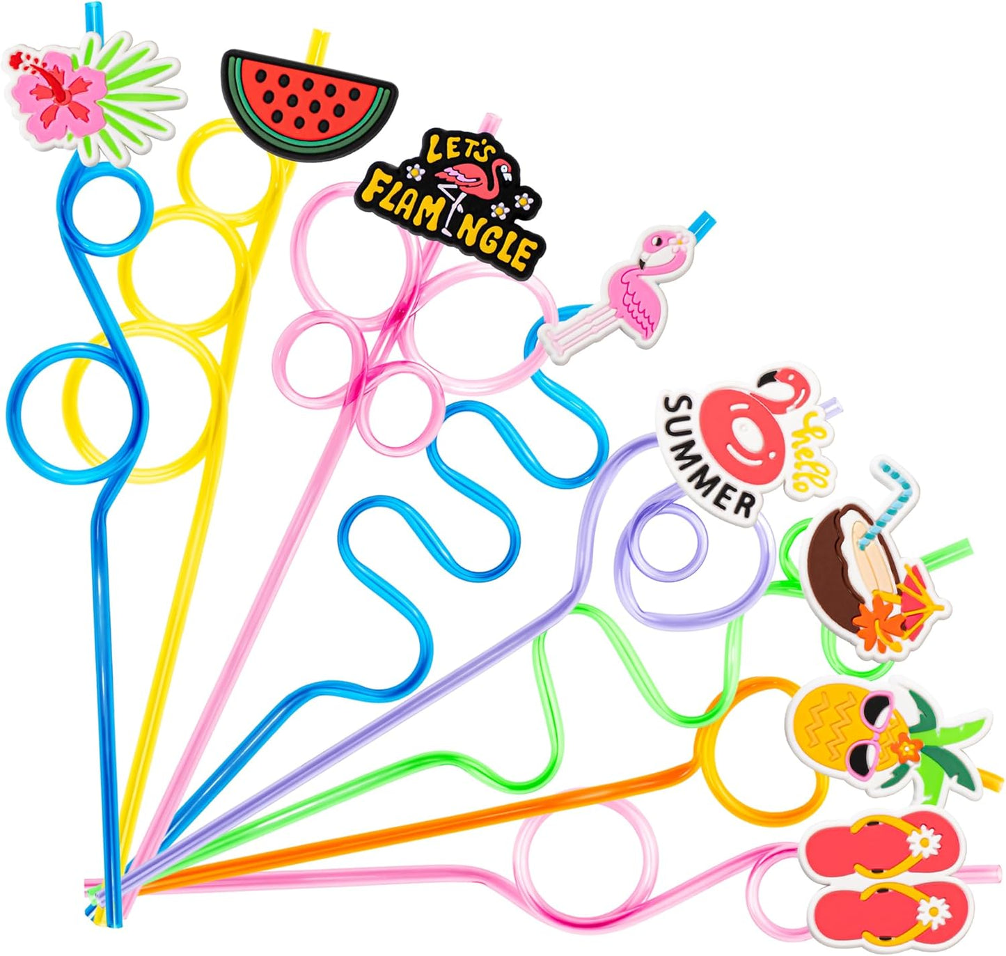 24 PCS Summer Flamingo Drinking Crazy Straws for Kids Summer Themed Flamingo Birthday Party Supplies Favors Decorations with 24 PVC Charm, 2 Cleaning Brushes Reusable Straw