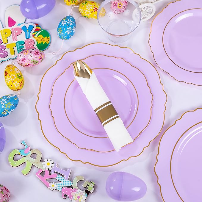 Liacere 175PCS Purple Plastic Plates-Disposable Lavender Plates 25guest Baroque Plastic Dinnerware include 50Plates, 25Pack Pre Rolled Napkins with Silverware 25Cups for Galentines Day&Easter Day