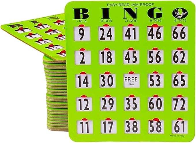 MR CHIPS Jam-Proof Easy-Read Large Print Fingertip Bingo Cards with Sliding Windows 10 Pack in Green Style