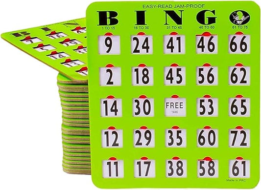 MR CHIPS Jam-Proof Easy-Read Large Print Fingertip Bingo Cards with Sliding Windows 10 Pack in Green Style