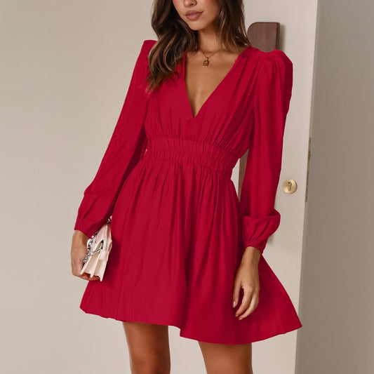FAIABLE Mini Deep V Sexy Long Sleeve Dress for Women A-line High Waisted Casual Flowy Dress for Cocktail Wedding Guest