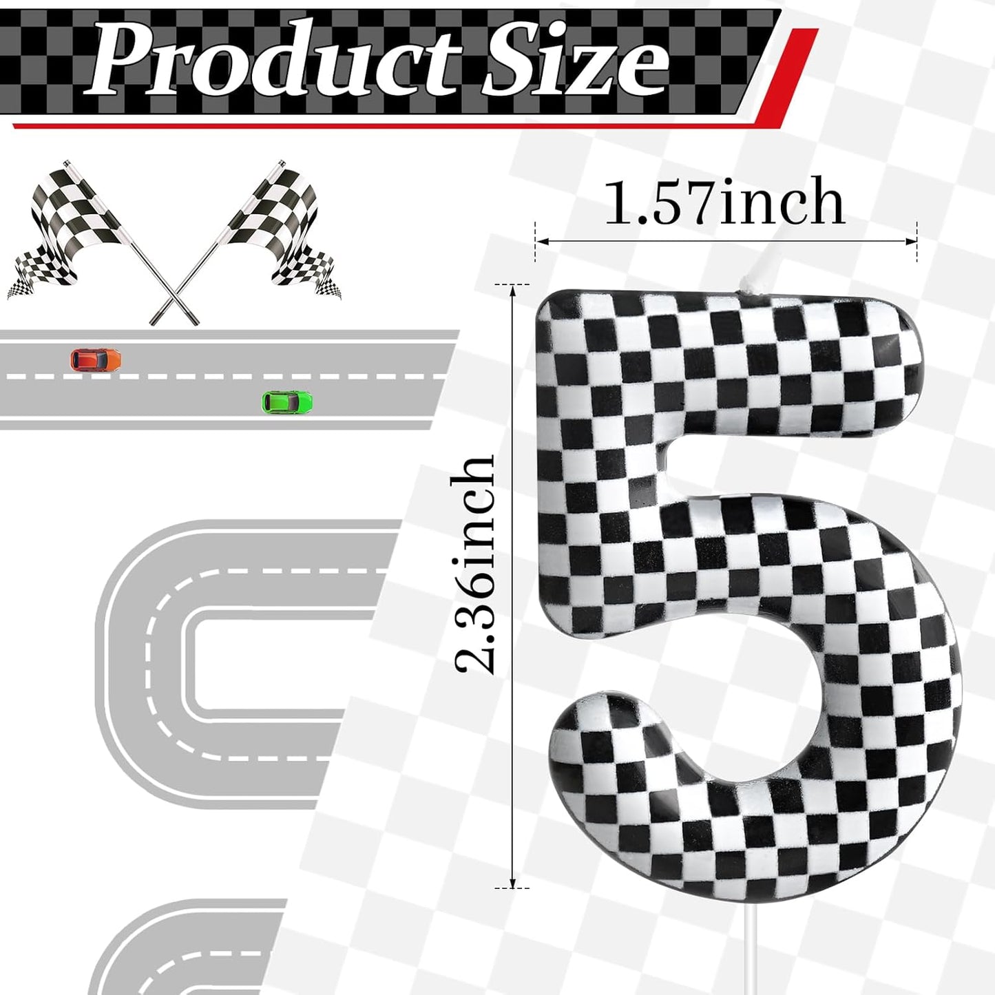 Racing Cars Themed Birthday Candle Number 5 Checkered Candle Birthday Party Decoration Cake Topper for Racing Car Party Decoration Theme Party Supplies (Number 5)