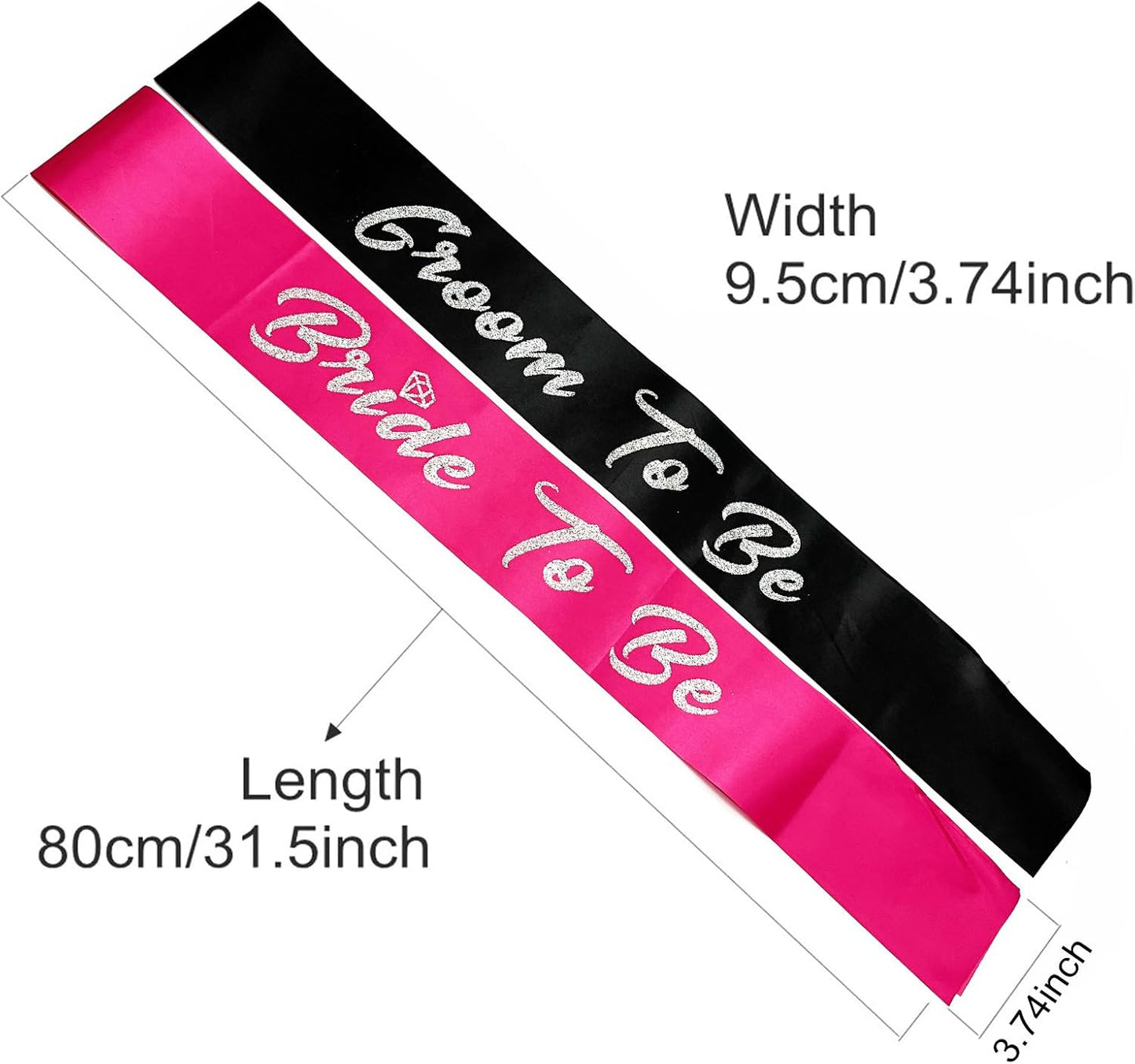 Bride and Groom to Be Sash Set, Black and Hot Pink Satin Soft Sashes with Silver Glitter Letter for Bridal Shower Engagement Bachelorette Party Decorations Supplies