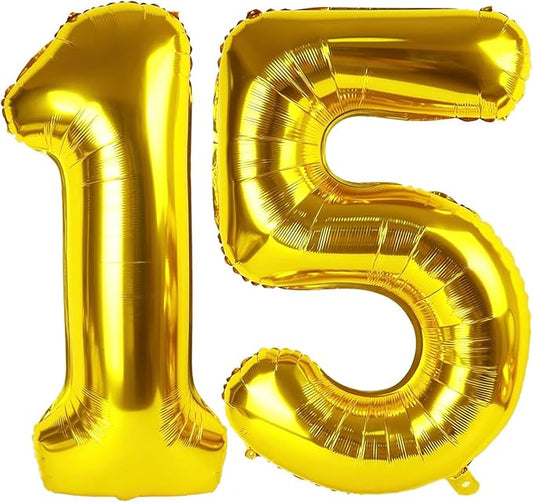 Gold Number 15 Balloon 40 inch, 15 Number Balloons, 15th Gold Birthday Decorations, 15 Year Old Girls Boys Golden Party Supplies
