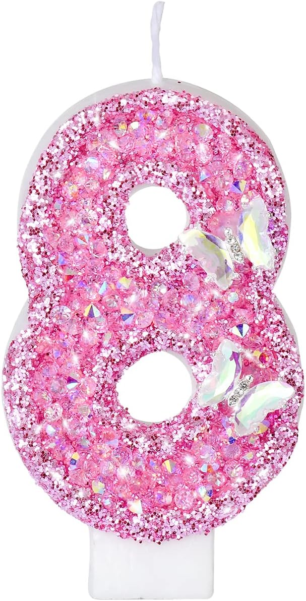 Birthday Candles, Number Candles for Birthday Cakes with Butterfly, Pink Birthday Candles Sparklers, 3.2" Cake Candles for Cake Topper Decoration, Party/Festival Celebration(Number 8)