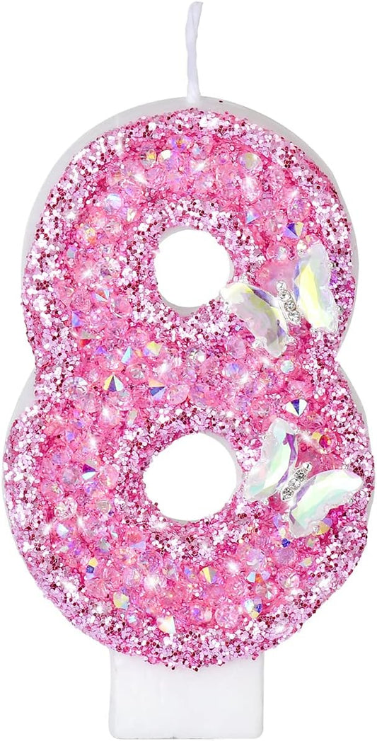 Birthday Candles, Number Candles for Birthday Cakes with Butterfly, Pink Birthday Candles Sparklers, 3.2" Cake Candles for Cake Topper Decoration, Party/Festival Celebration(Number 8)