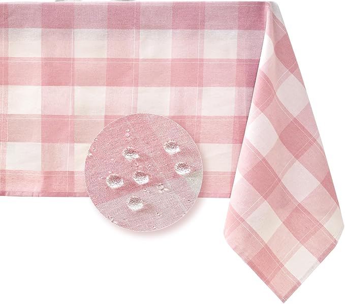 BALCONY & FALCON Rectangle Gingham Table Cloth – Water-Resistant Cotton Blend, Spill-Proof & Washable Checkered Tablecloth for Kitchen, Dining, Picnic, Party (Pink White, 55x95 Inch)