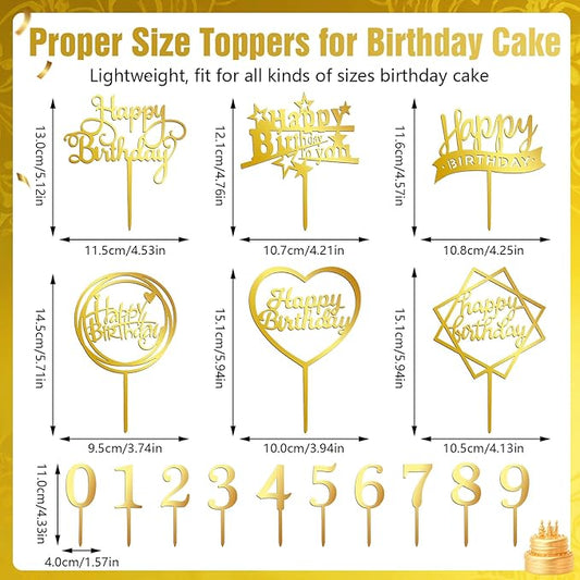 16 PCS Happy Birthday Cake Topper Set, Gold Cake Decoration, Acrylic Reusable Numbers Cake Cupcake Desserts Topper Double-Sided Glitter Birthday Cake Topper for Kids Adults