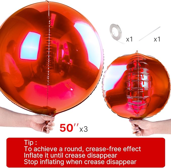 PartyWoo Red Foil Balloons 3pcs 50 Inch Large Round Foil Big Giant 4D Jumbo Inflatable Mirror Ball Mylar Balloons for Graduation Birthday Anniversary Casino Cherry Citizenship Party Decorations