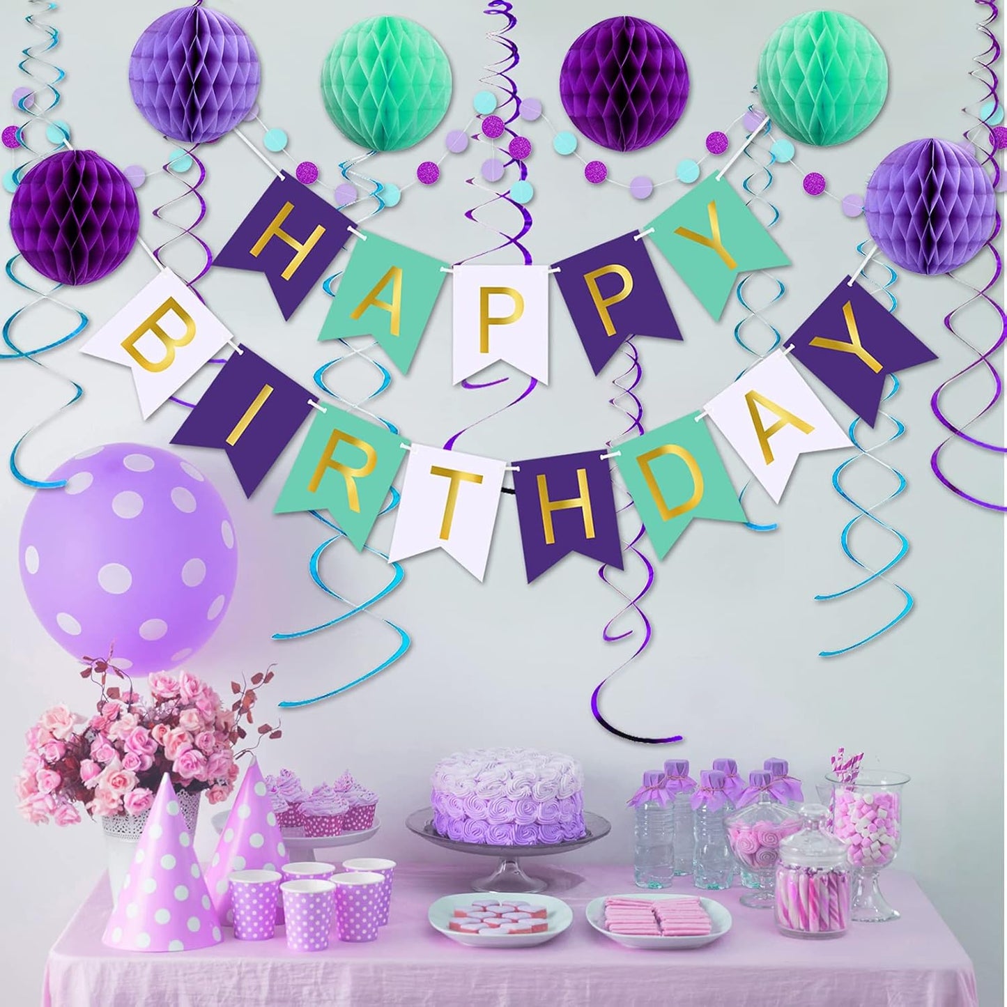 Mermaid Birthday Decorations with Happy Birthday Banner, Paper Honeycomb Balls, Circle Garland and Hanging Swirl Decorations
