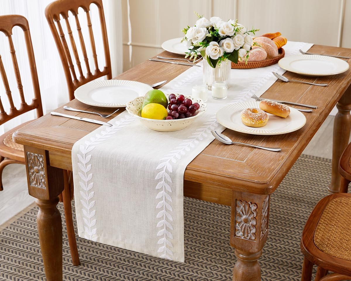 Wracra Embroidered Table Runner Irregular Willow Leaf Table Runners 108 Inches Long For Dresser Home Dining Table Decor,14 x 108 Inch, White