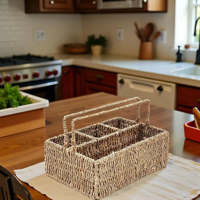 PEMAR Large L-Sized Hand Woven Utensil Caddy Carrier, Natural Jute Wicker Condiment Holder for Table, Kitchen Set Counter Top Silverware Organizer, Rustic Storage Forks, Spoons (Seagrass)