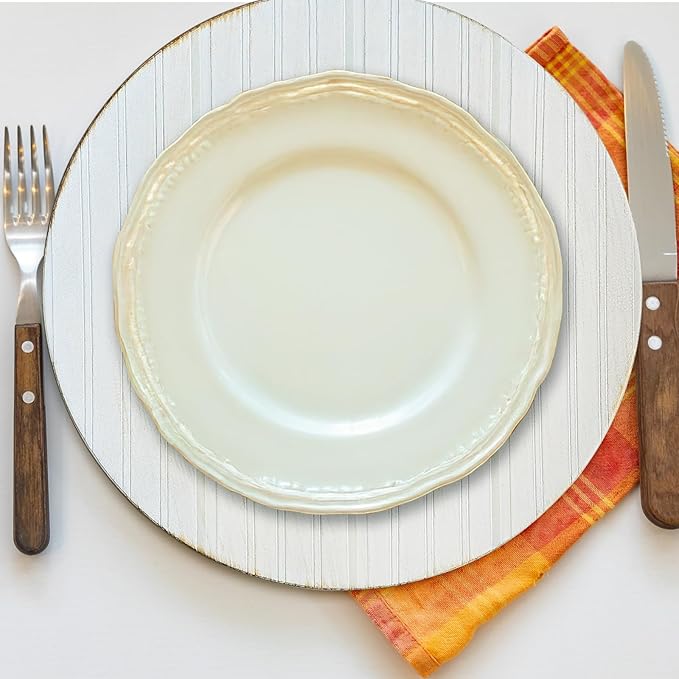 13" Antique Charger Plates, Stripe Pattern White Charger Plate Set of 6, Round Server Ware Chargers for Dinner Plate, Reusable Bulk Table Setting for Party or Event