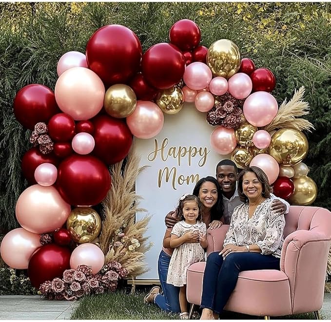 Burgundy Pink Balloon Arch Kit, Double Stuffed Ruby Red Pearl Pink Gold Balloon Garland Wine Red Maroon Balloons for Mother's Day Wedding Engagement Bridal Shower Birthday Graduation Party Decor