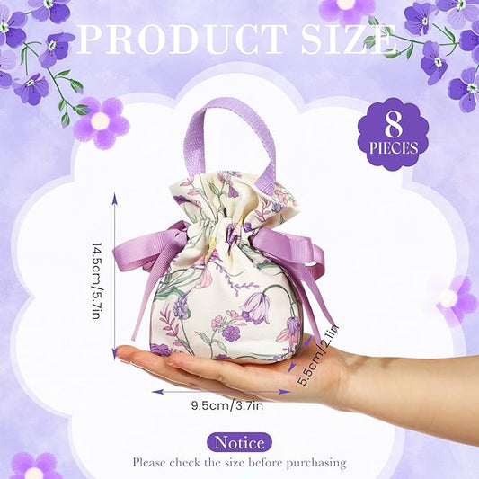Liobelon 8 Pieces Floral Mini Gift Bags with Handles 14x9.5x6cm/5.5x3.7x2.3inch Canvas Candy Bag Tea Party Favor Bags for Party, Wedding, Bridal Shower, Valentine's Day, Mother's Day Jewelry Bag