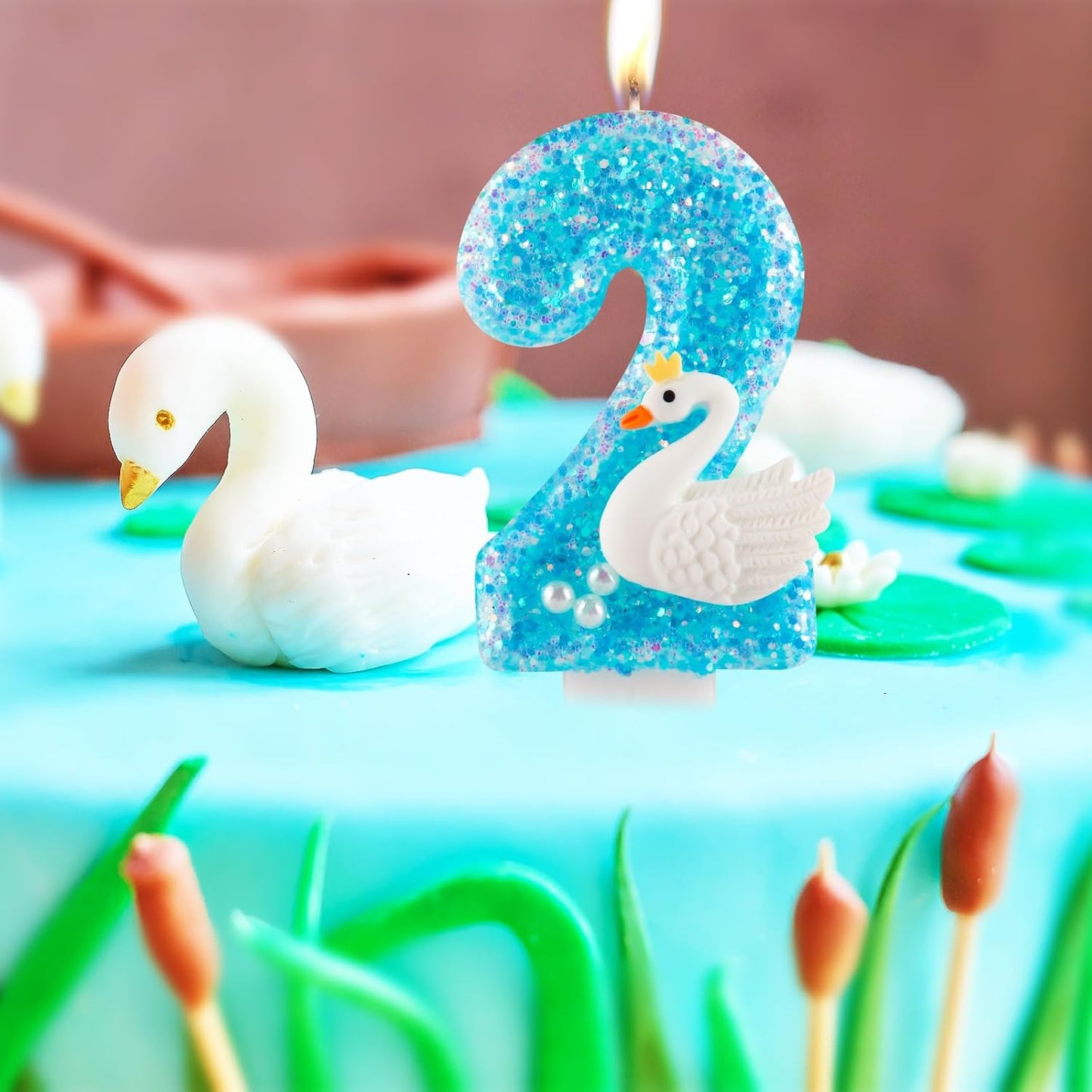 Girls Glitter 1 Birthday Number Candle, Blue Lake White Pearls Swan Themed Birthday Decorations Party Favors Number 1 Candle Cake Topper