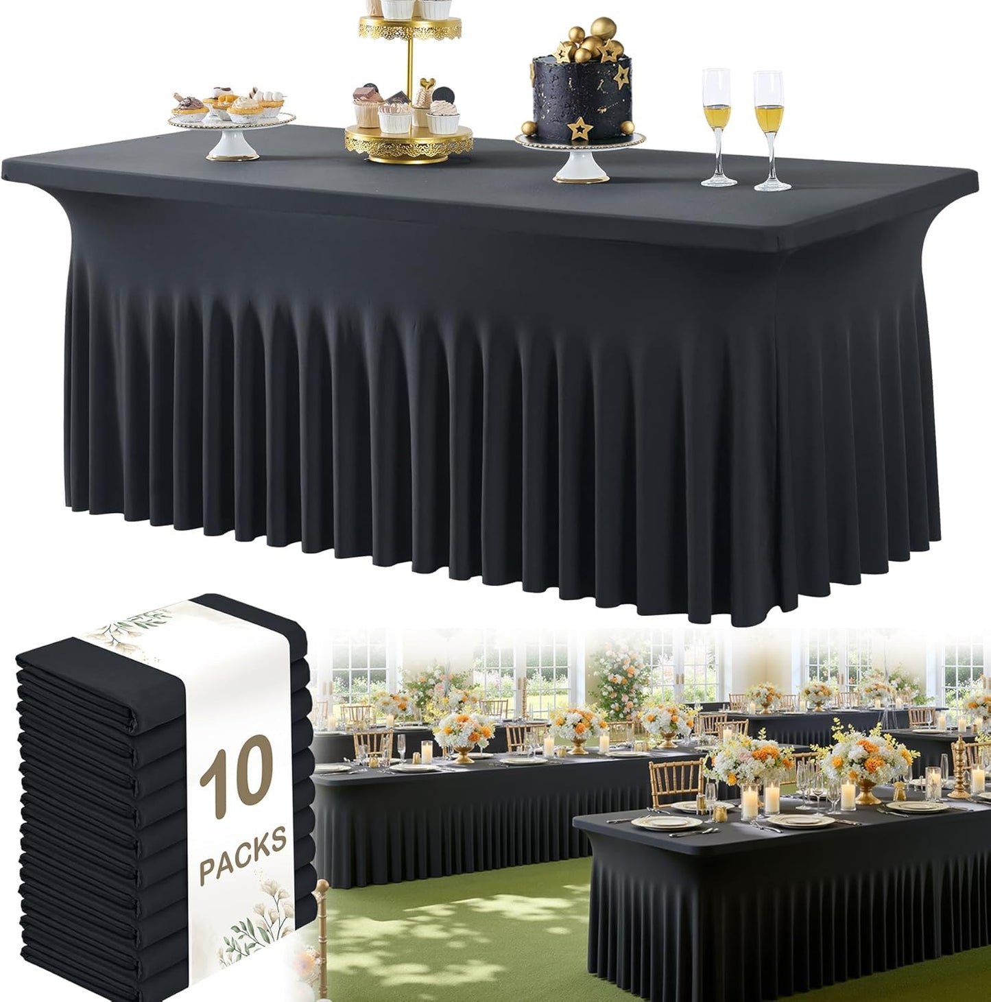 10pk Black Spandex Tablecloths 6ft for Rectangle Tables, Wrinkle Free Classy Table Skirt Stretchy Fitted Table Cloths Covers 6 Foot for Weddings Birthday Party Events Banquette Baby Shower