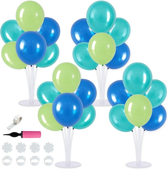 TONIFUL 4 Set Blue Cyan Green Balloon Centerpieces for Table,Balloon Stand Kit for Party Decor,Birthday Decorations,Sport Theme Party,Graduation Decorations Ocean Shark Sea Beach