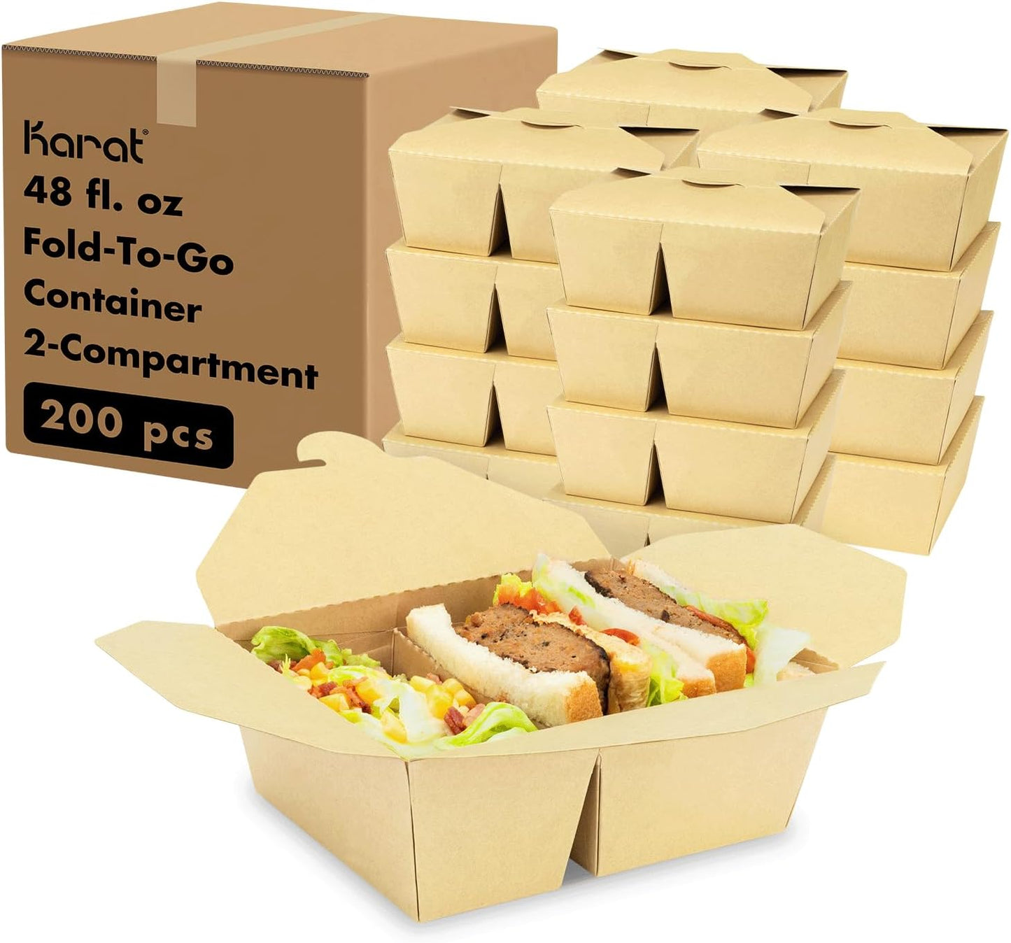 Karat Paper To Go Food Container [48 oz - 200 ct], 2-Compartment Leak-Resistant, Microwavable, Heavy-Duty Take Out Boxes | Grease Resistant & Stackable | #8 Kraft Brown