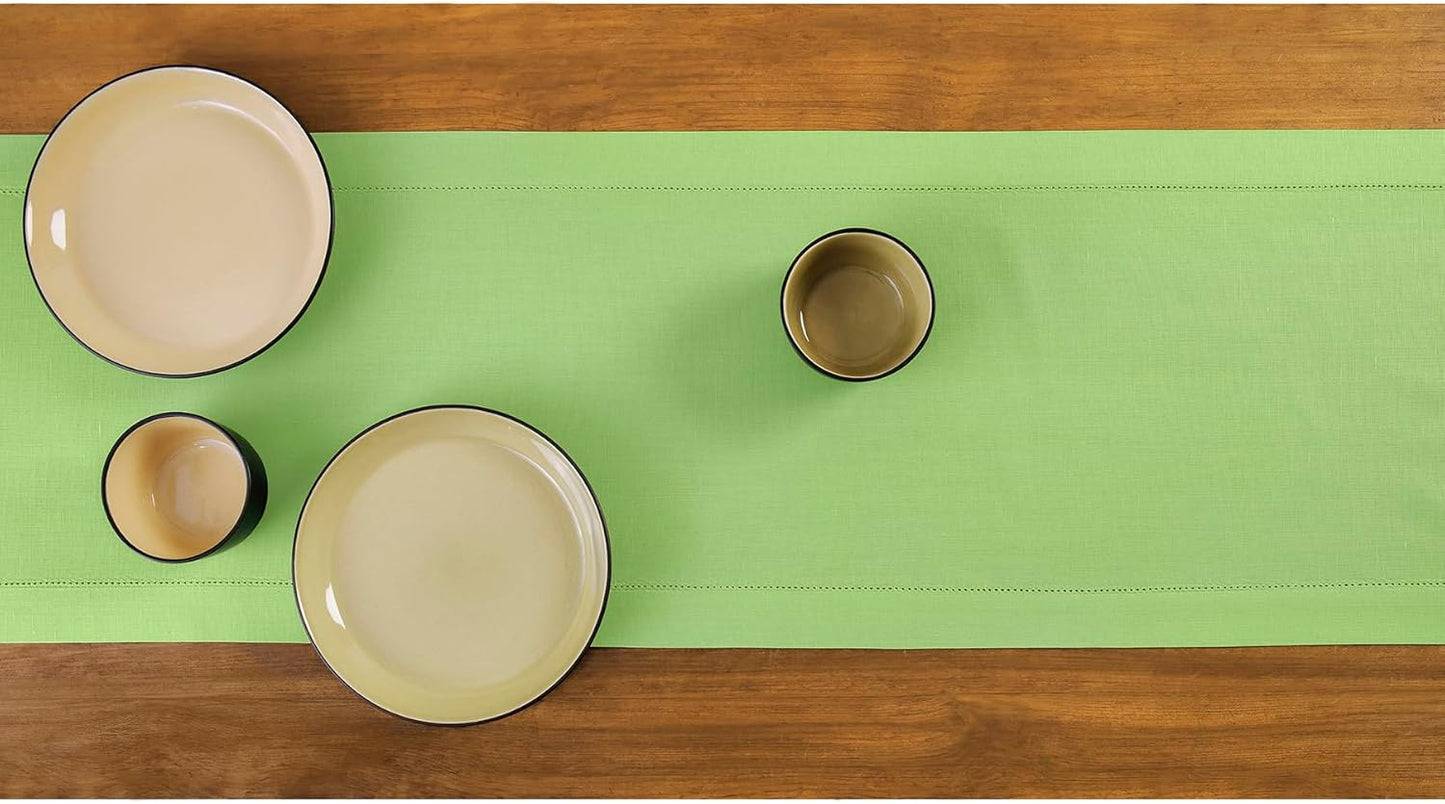 Solino Home Cotton Linen Table Runner 120 Inches Long - Hemstitch Apple Green Dining Table Runner 14 x 120 Inch