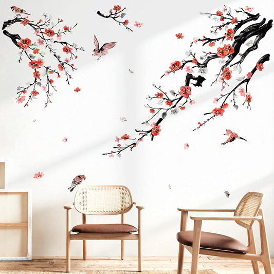 wondever Watercolor Flower Tree Branch Wall Stickers Blossom Red Floral Birds Peel and Stick Wall Art Decals for Living Room Bedroom