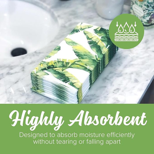 SimuLinen Paper Towels - Decorative Tropical Banana Leaves Design –- Cloth-Like, Linen-Feel for Guest Bathroom Essentials, Size: 12x17” (Pack of 300) Made in Germany