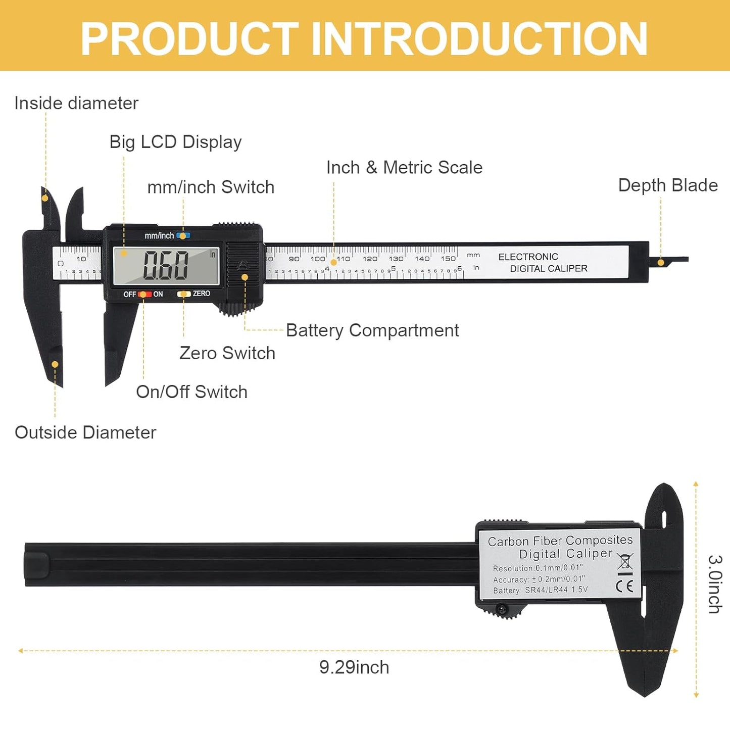 Digital Caliper, Adoric 0-6 inches Caliper with Large LCD Screen, Auto - Off Feature, Inch and Millimeter Conversion Measuring Tool, Perfect for Household/DIY/Jewelry Measurment