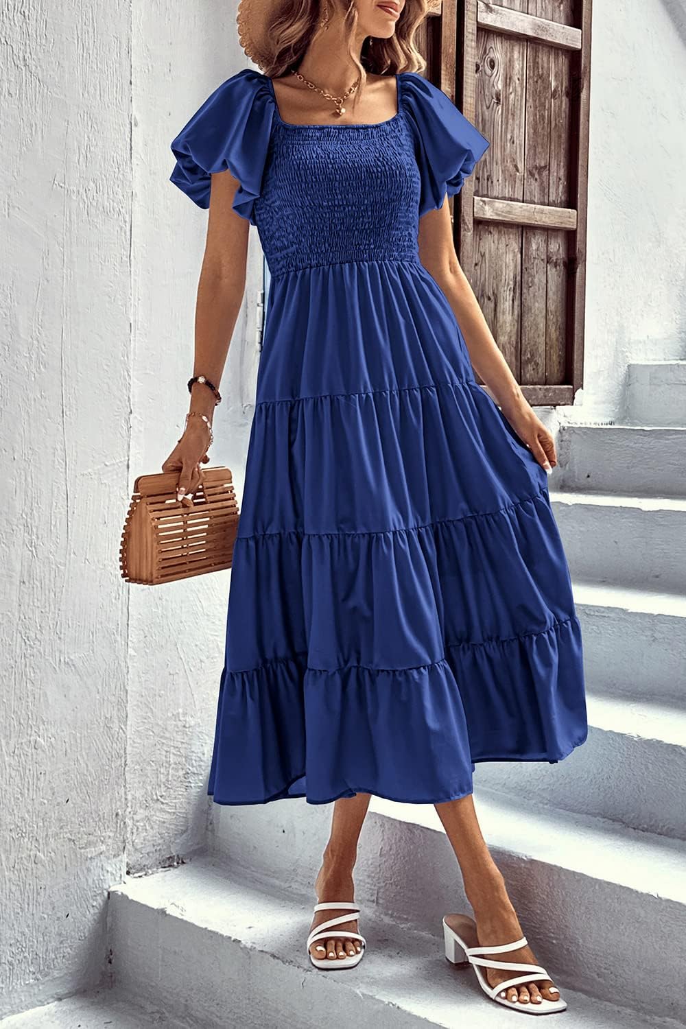 PRETTYGARDEN Women's Casual Summer Midi Dress Puffy Short Sleeve Square Neck Smocked Tiered Ruffle Dresses