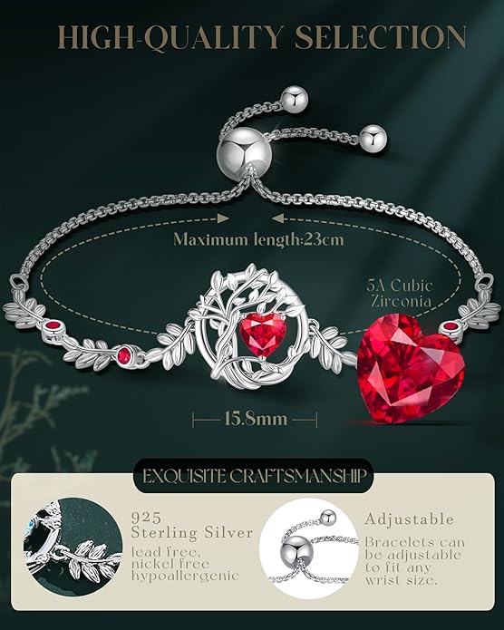 FANCIME Valentines Day Gift Tree of life Birthstone Bracelet for Women Sterling Silver Tree Jewelry Birthstone Charm Bracelet Gemstone Anniversary Birthday Gifts for Wife Mom Her
